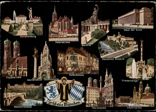 München Mehrbild-AK u.a. Hofbräuhaus Bavaria Frauenkirche Nymphenburg 1963