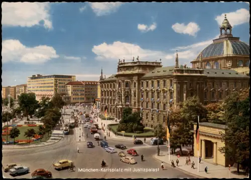 München Karlsplatz mit Justizpalast, Verkehr Autos u.a. VW Käfer 1960