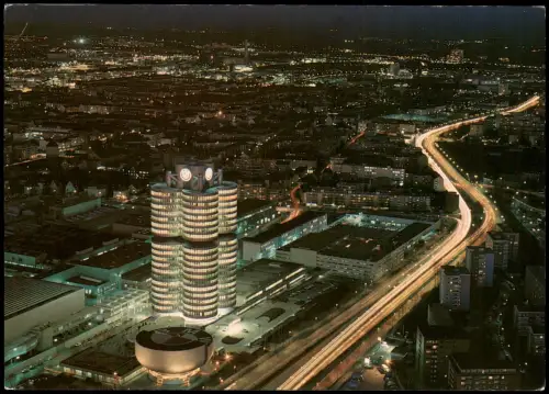 München Panorama-Ansicht bei Nacht,   BMW- Stadtgelände vom Fernsehturm 1980