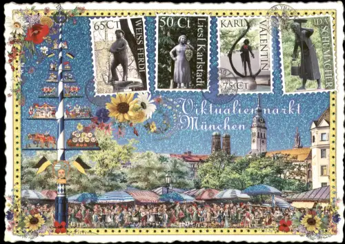 Ansichtskarte München Viktualienmarkt (illustriert mit Briefmarken) 2015
