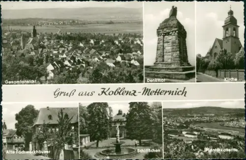 Ansichtskarte Metternich-Koblenz MB: Denkmal Kirche Kaserne 1961