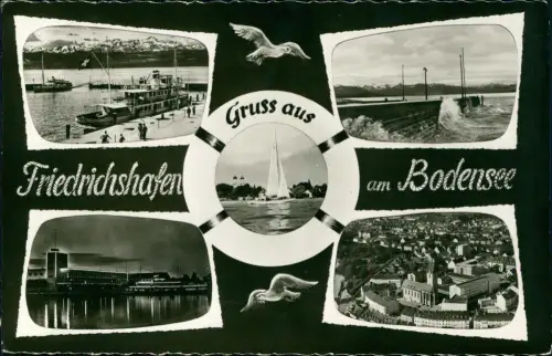 Ansichtskarte Friedrichshafen MB: Luftbild, Nacht Hafen u. Dampfer 1967