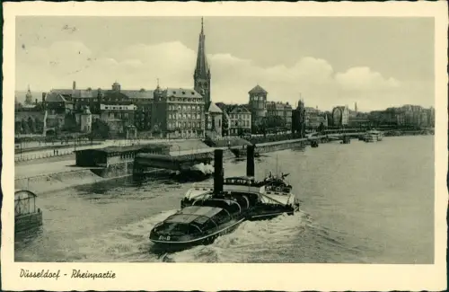 Ansichtskarte Düsseldorf rheinpartie Schaufelraddampfer 1954