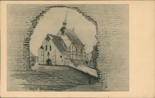 Kirche durch eine Mauerbresche (Künstlerkarte von August Hammann) 1918  Feldpost