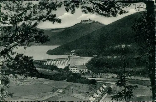 Waldeck (am Edersee) Blick auf die Staumauer - Schloss Waldeck 1955