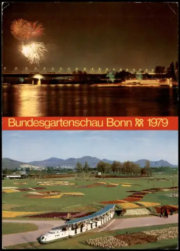 Bonn Feuerwerk über der Rheinaue, Gartenschaurundfahrt mit der Blumenbahn 1979