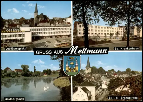 Mettmann Mehrbildkarte, Ev. Krankenhaus, Goldbergteich, Jubiläumsplatz 1988