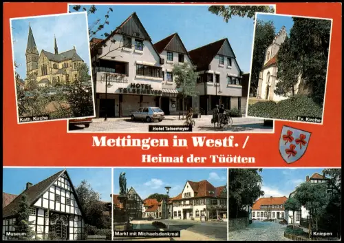 Mettingen Westfalen  Kirche, Hotel Telsemeyer, Markt mit Michaelsdenkmal 1980