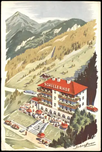 Ansichtskarte Bad Gastein Hotel-Restaurant Schillerhof, Künstlerkarte 1954