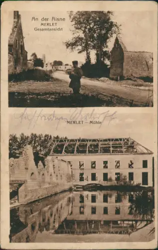 Merlet Aisne Aguilcourt Zerstörte Mühle und Gesamtansicht von Merlet Aisne 1916