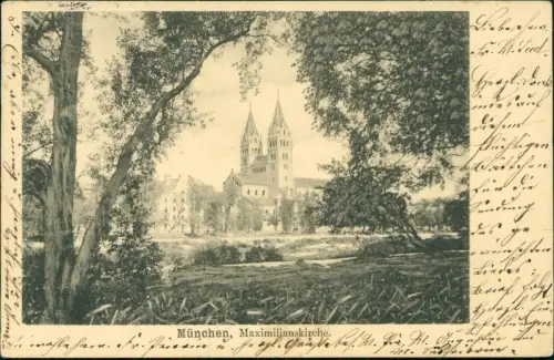 Ansichtskarte München Maximilianskirche durch die Bäume gesehen 1909