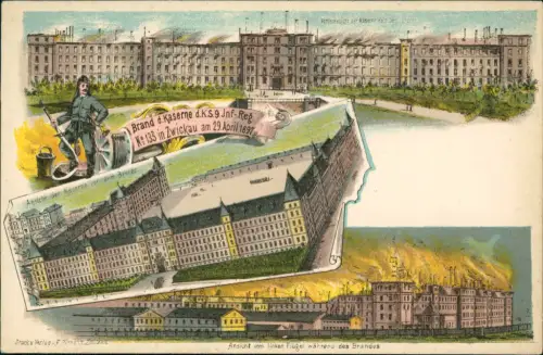 Litho AK Zwickau Brand der Kaserne des K.S.9 Inf. Reg. No 133 MB 1897