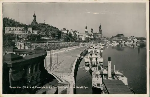 Dresden Blick von der Carolabrücke mit Belvedere und Schiffen 1938