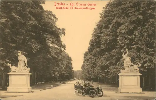 Großer Garten-Dresden Haupt-Allee mit Kentauren-Gruppen und Automobil 1908