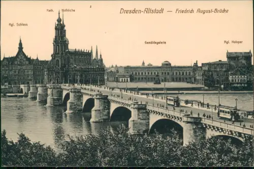 Ansichtskarte Innere Altstadt-Dresden Augustusbrücke, Gemälde-Galerie 1914