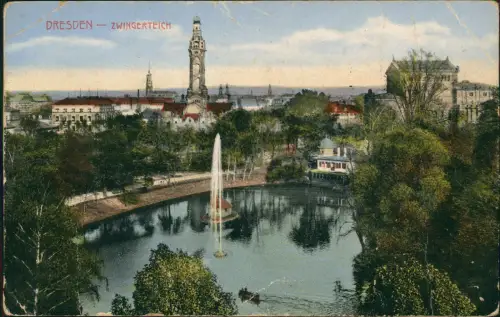 Innere Altstadt-Dresden Zwingerteich mit Fontäne und Parkanlage 1915