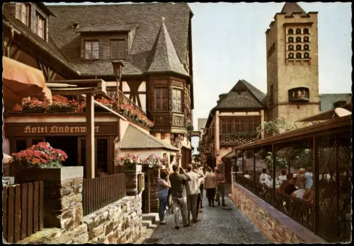 Rüdesheim (Rhein) Drosselgasse, Hotel Lindenwirt, Rüdesheimer Schloss 1970