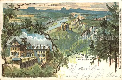 Grosser Winterberg Saechs. Schweiz Gasthaus Panorama Blick ins Elbtal Elbsandsteingebirge Litho Reichspost Kat. Bad Schandau